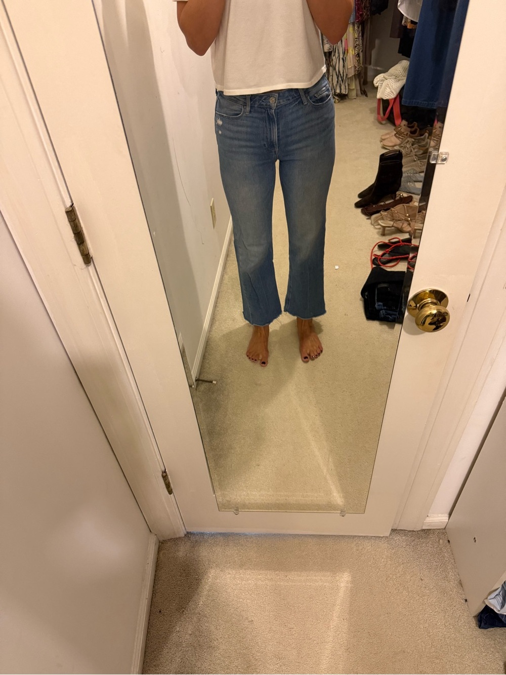 PAIGE Light Blue Cropped Straight Jeans with Raw Hem
